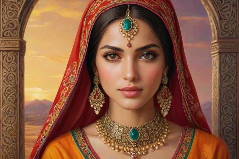 Create a portrait of a beautiful woman with striking hazel eyes and a gentle expression. She is adorned in traditional attire with intricate patterns, including a richly embroidered headscarf and matching garments. Her jewelry includes a delicate headpiece, dangling earrings, and ornate bracelets, all featuring vibrant gemstones and detailed metalwork. The background is soft and warm, enhancing the rich colors of her outfit and jewelry.