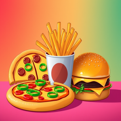 Create an illustration of fast food items including a pizza with green peppers, fries in a cup, and a hamburger, set against a vibrant gradient background, use a Canon EOS R5 camera, aperture f/4, ISO 100, focal length 50mm, and a macro lens for sharp detail.