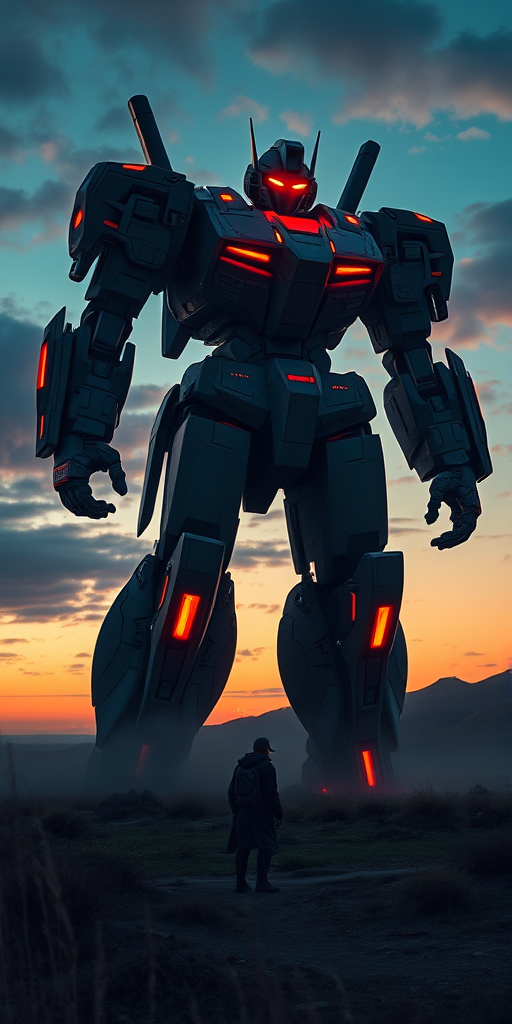 Create a high-resolution digital artwork of a futuristic giant robot towering over a lone figure in a landscape setting during twilight, with dramatic lighting emphasizing the robot's glowing red features, shot with a Canon EOS R5 at f/4, ISO 100, 24mm lens, wide-angle view to capture the vastness of the scene.