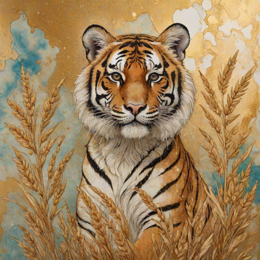 Soft, muted Alcohol Ink with ebru effect background image of tiny whimsical tiger, who climbed high on the top of a golden rye ear.