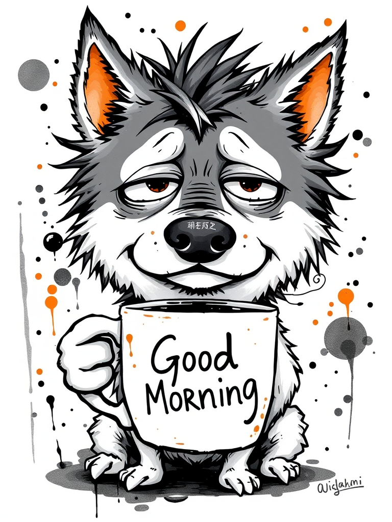 A quirky, artistic illustration of a disheveled shikoku dog breed with exaggerated, large eyes and spiky fur, holding a coffee mug that reads "Good Morning". The dog has a tired but humorous expression, with ink splatters and abstract details surrounding it, giving a whimsical feel to the image. The color palette is mostly monochrome with hints of orange in the eyes and steam rising from the mug, enhancing the overall sleepy vibe
