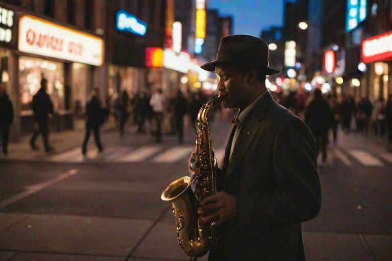 Blurry candid shot of a street performer playing a saxophone on a bustling city corner at dusk, with soft light from neon signs and passing car headlights casting long shadows on the pavement.