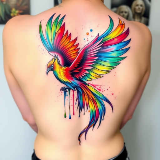 Vibrant watercolor tattoo named "Spectrum Splash" featuring a soaring phoenix with rainbow feathers, dripping paint effects, and iridescent highlights, perfect for those seeking a bold and artistic statement piece on their back