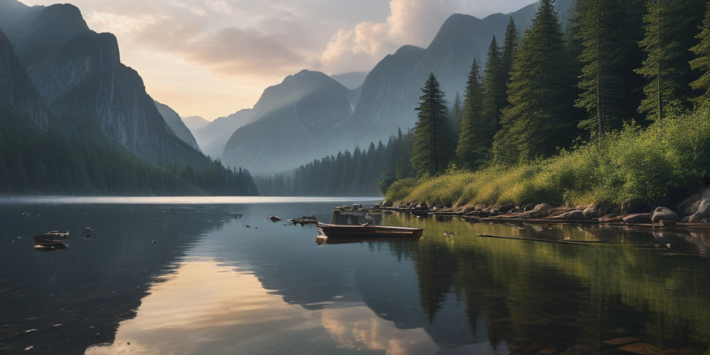 Tranquil Mountain Lake at Dawn Surrounded by Lush Green Forests
