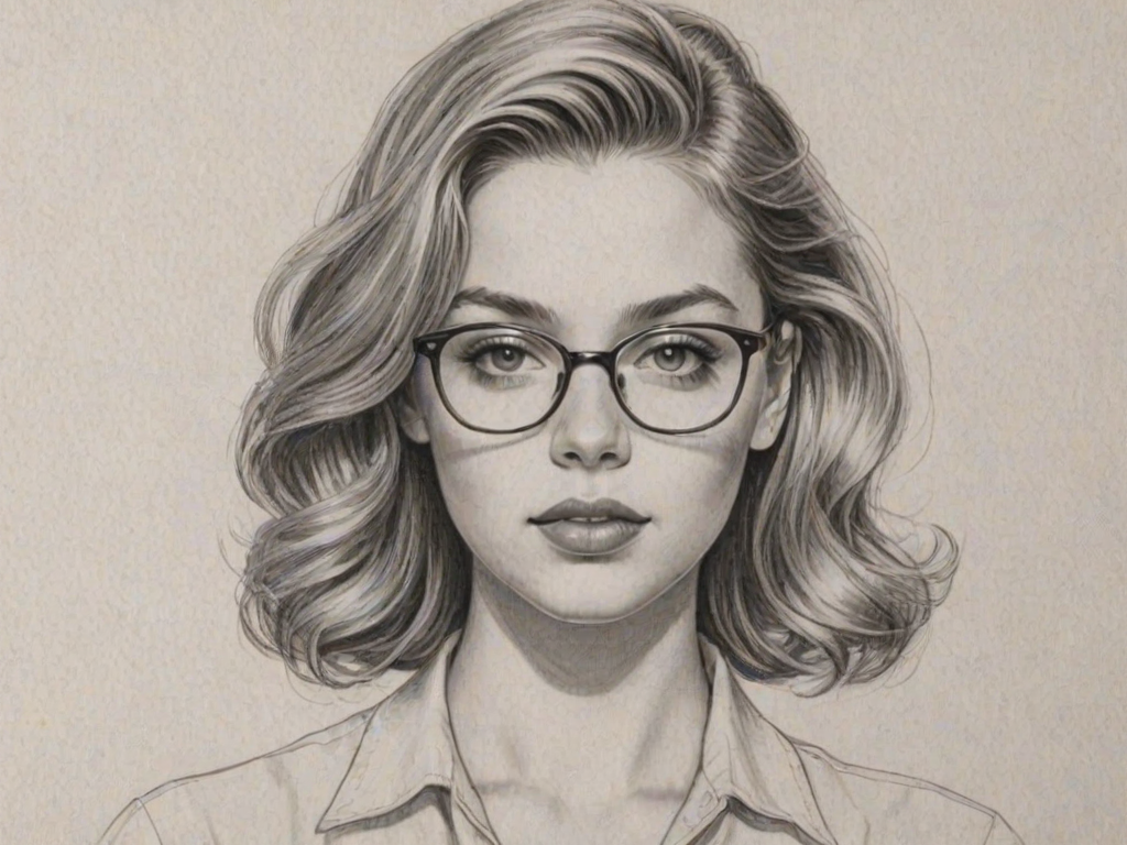Sublime Sydney Sweeney, pencil sketch, portrait of Alluring woman 1947s in glasses, hair style beatnik, outline, clear lines, fine lines, 8k
