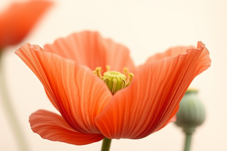 Create a detailed illustration of a delicate coral poppy flower with intricate petal textures, soft lighting, and a neutral background, captured using a macro lens at f/2.8, ISO 100, shutter speed 1/200 sec, with a digital SLR camera for high-resolution quality.
