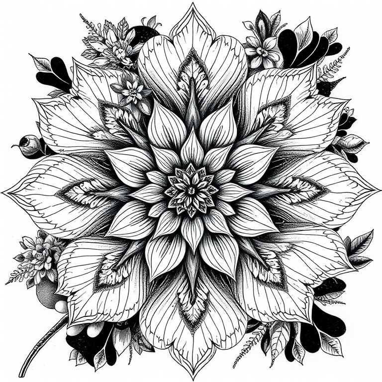 Create a highly detailed black and white sketch of abstract floral and organic shapes with intricate patterns and textures, using a Canon EOS 5D Mark IV camera at ISO 100, aperture f/8, shutter speed 1/200s, with a macro lens, shot from a top-down view to emphasize the design.