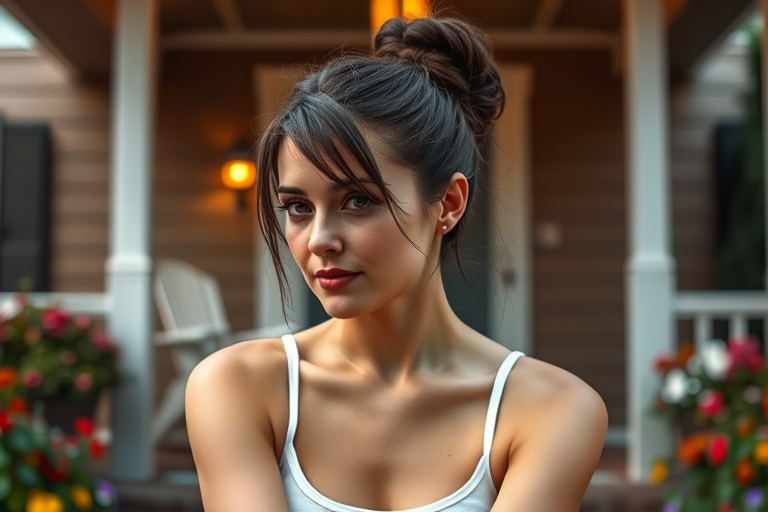 A photo of Natalie Portman with a background of a cozy porch. She has dark hair pulled back in an updo, with tendrils framing her face. She wears a white tank top and sits on the porch. The porch is part of a well-lit home with a warm, earthy tone and colorful flowers and foliage. The overall scene has a warm, welcoming, and comfortable ambiance.