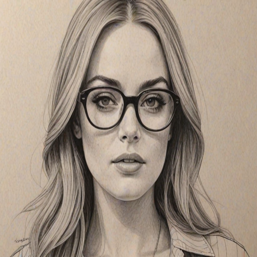 Captivating Lindsey Lohan, pencil sketch, portrait of Gorgeous woman 1971s in glasses, hair style beatnik, outline, clear lines, fine lines, 8k