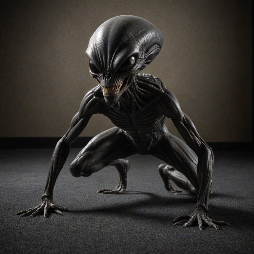 A funny Alien in a stretching position on a textured carpet, with its black, glossy body reflecting dim light. Legs spread wide, upper body bent forward, long segmented tail curving over its back, arching above its head. Face directed at the viewer, showing biomechanical features, sharp teeth, elongated skull. Muscles taut, emphasizing strength in the stretch. Minimalist environment, focusing on the creature's athletic pose. Photorealistic quality.