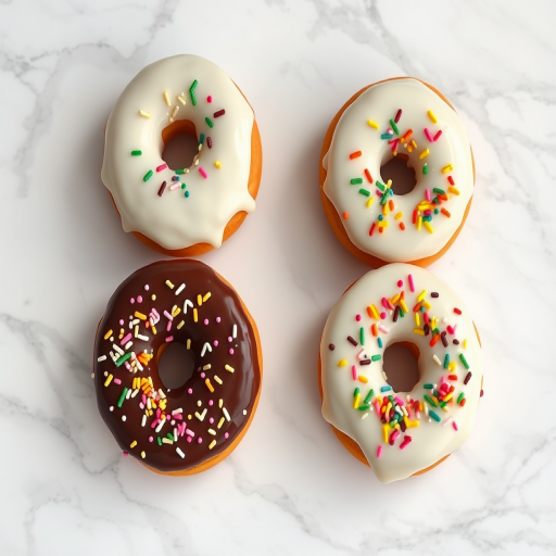 four frosted donuts with chocolate and white icing topped with colorful sprinkles on a white marble surface, shot with a Canon EOS R5, 50mm lens, f/2.8, ISO 200, natural light, overhead view