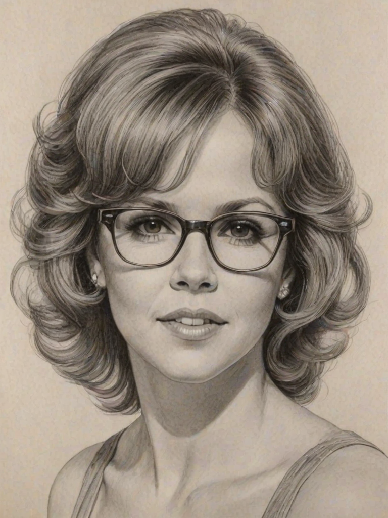 Magnificent Linda Blair, pencil sketch, portrait of Exquisite woman 1971s in glasses, hair style beatnik, outline, clear lines, fine lines, 8k