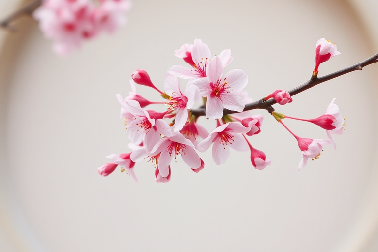 A close-up shot of a blooming cherry blossom tree branch with soft pink flowers against a muted circular background, taken with a DSLR camera at f/2.8 aperture, ISO 100, 50mm lens, using natural light for enhanced detail and vibrant colors.