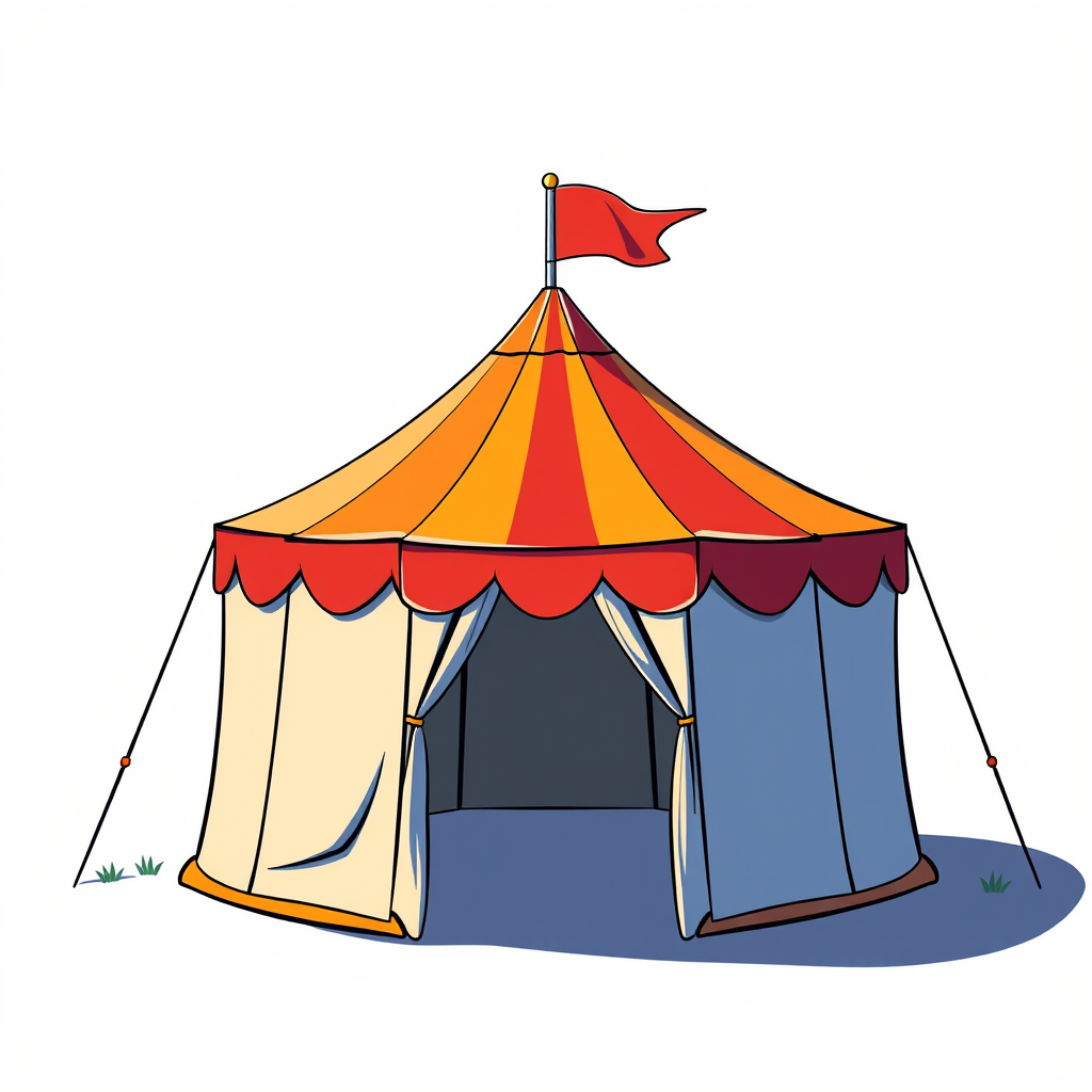 Create a colorful vector illustration of a tent with a flag, using a high-resolution setting, shot from a slightly elevated angle, with a clean and minimalistic style, utilizing a digital drawing tablet for precision.