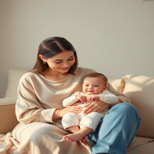 Create a high-resolution illustration of a mother sitting with her baby on her lap, focusing on detailed expressions and gentle interactions, using a soft lighting setup, taken with a Canon EOS R5 at 50mm f/1.8 lens, aperture set to f/2.8 for a shallow depth of field, in a natural light environment to enhance texture and warmth.