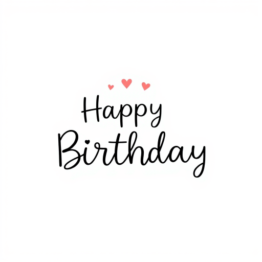 Create a simple and elegant design featuring the phrase Happy Birthday in a playful, handwritten font with small hearts above the word Happy and a light, whimsical touch. Use a clean white background for a fresh and modern look.
