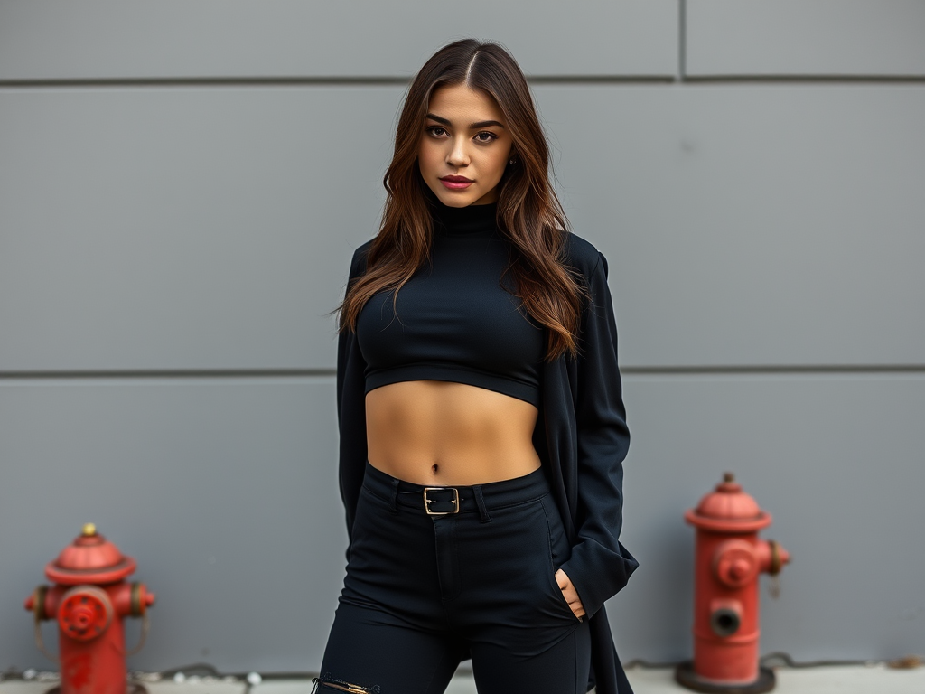portrait of a young woman in a stylish black outfit posing against a gray background with fire hydrants, soft natural lighting, shot with a 50mm lens at f/1.8, ISO 100, shutter speed 1/200s, using a Canon EOS R camera, shallow depth of field for enhanced subject focus.