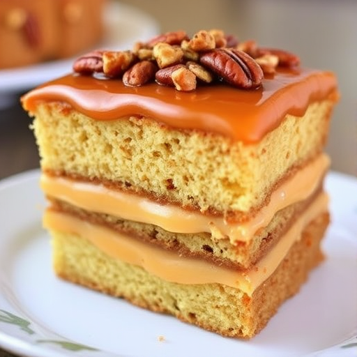 A slice of layered cake with creamy caramel filling and chopped pecans on top, showcasing its moist texture and rich caramel glaze.