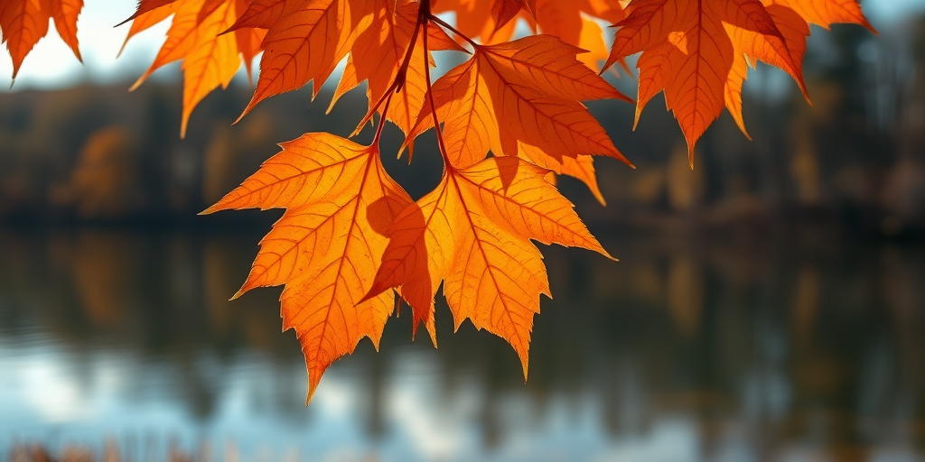 close-up of orange autumn leaves hanging over a serene lake with a blurred background of trees and sky, shot with a DSLR camera at f/2.8 aperture, ISO 100, 50mm lens, natural light, shallow depth of field