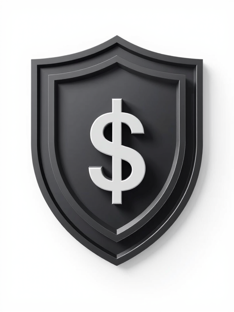 Create a 3D-rendered shield icon with a dollar sign in the center, using a Canon EOS R5, aperture f/2.8, ISO 100, 50mm lens, soft natural lighting, and a clean white background for enhanced image quality.