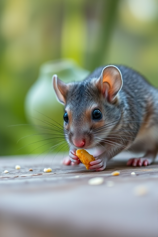 Close-up shot of a gray mouse nibbling on food on a wooden surface with blurred greenery in the background, using a DSLR camera, 85mm lens, aperture f/2.8, ISO 200, shutter speed 1/200s, natural light for enhanced detail and clarity.