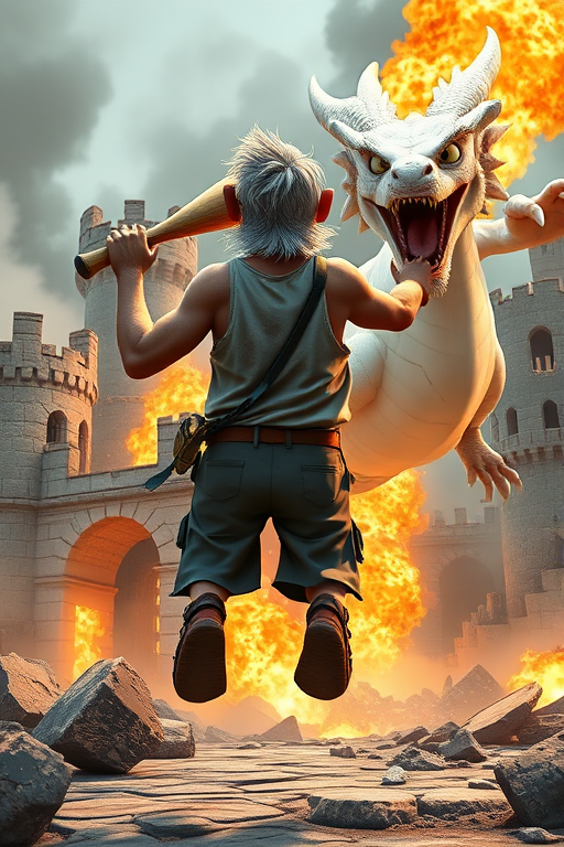 Cartoon 3D High-Resolution,dynamic battle scene using Unreal Engine 5 and Octane Render. The scene features back of an elderly, thai man with a beard,messy hair and round golden-rimmed glasses. He is wearing a tattered tank top with soot marks, shorts, and sandals. sweating. he wields a baseball bat. He jump to fight with a white fire-breathing Europe dragon amidst a partially destroyed stone castle. Include intense flames, smoke, and debris to enhance the dramatic effect.