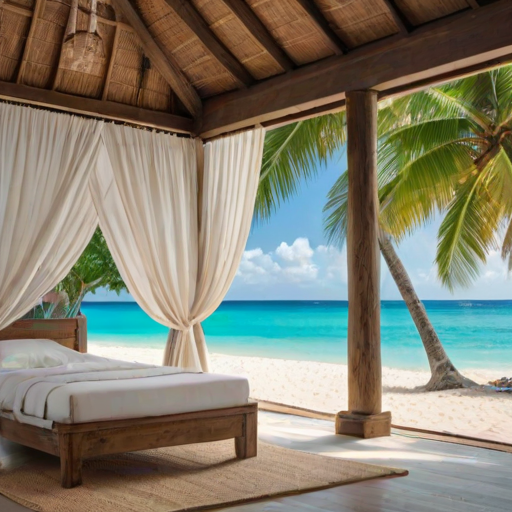 Create a picturesque tropical beach scene featuring a serene, white sandy shore. In the foreground, there's a rustic wooden canopy with white drapes gently flowing in the breeze. Underneath the canopy, a table is set with tropical decor, evoking a sense of relaxation and leisure. The beach extends into a calm, shallow water area with reflections of the sky and surroundings. Palm trees and lush greenery line the edge of the beach, providing a natural, tropical backdrop. The sky is clear with a few scattered clouds, and the overall atmosphere is tranquil and inviting, perfect for a peaceful retreat.