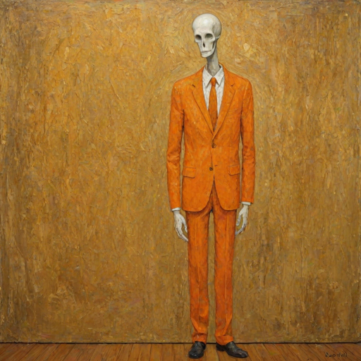 A quirky abstract impressionist painting of a tall, slender figure with a big hand for a head . The hand takes up most of the "head" area. The figure is dressed in a orange suit with a mother-of-pearly tie. It stands against a mottled golden background.  Surrealist, realistic textures, , creative, Klimt, diswashed, Aging effects, grainy