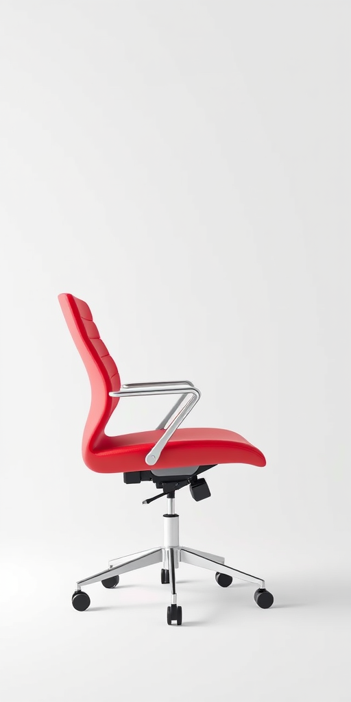 create a digital illustration of a modern red office chair with a sleek design against a plain white background, use a 50mm lens at f/8 for depth of field, soft lighting for even illumination, render with high-resolution settings in a 3D modeling software.