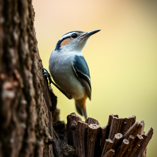 Capture a close-up shot of a nuthatch bird perched on a tree trunk at a shallow depth of field, using a Nikon D850 with a 85mm f/1.4 lens, ISO 200, f/2.8, shutter speed 1/200 sec, natural lighting, soft bokeh background.