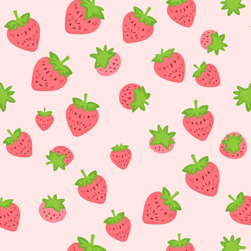Create a seamless pattern featuring a light pink background with various cute strawberries scattered throughout. Each strawberry should be a soft pink color with green leaves and a small red stem, showcasing a playful and whimsical design.