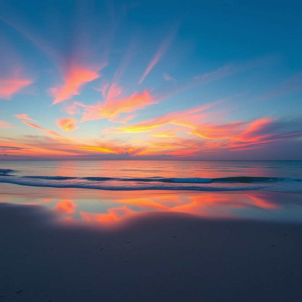 Generate an image of a calm beach at sunset, capture vibrant orange and pink hues in the sky reflecting on the water, use a Canon EOS 5D Mark IV, set aperture to f/8, ISO 200, shutter speed 1/60 sec, wide-angle view with a subtle vignette effect.