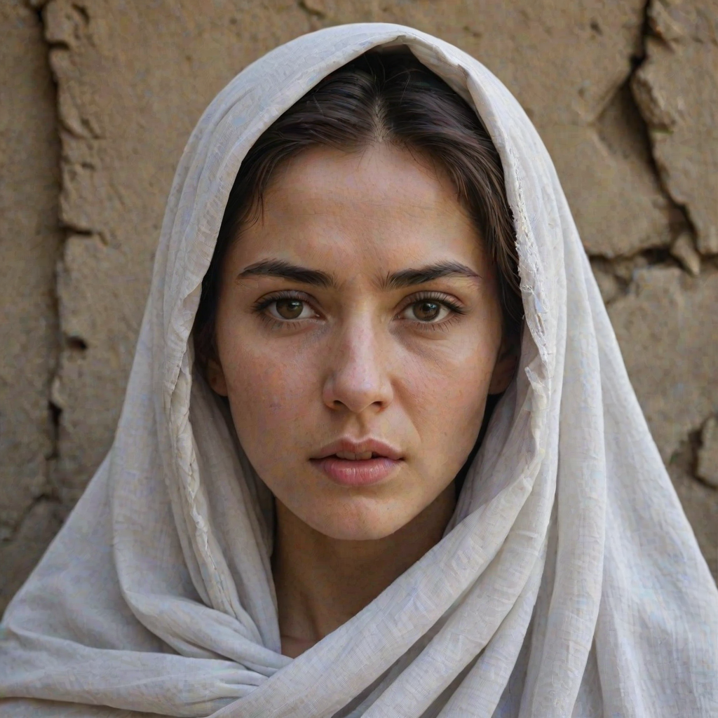 Create a close-up photographic image of a Tajik woman with light skin tones shown against an old, worn wall. Their head is wrapped in a white cloth covering (i.e.... parts of the head except the nose and mouth, which are open as if they are screaming...), with a slight texture and visible folds in the fabric. Thin strands of blonde hair escape from the wrapping above, falling lightly at the top and sides. Their hands hold the fabric as if they are tugging nervously. The lighting is dramatic and even, casting strong shadows. The image has a minimalist and surreal style with an emphasis on simplicity with soft color tones. The composition is centered.