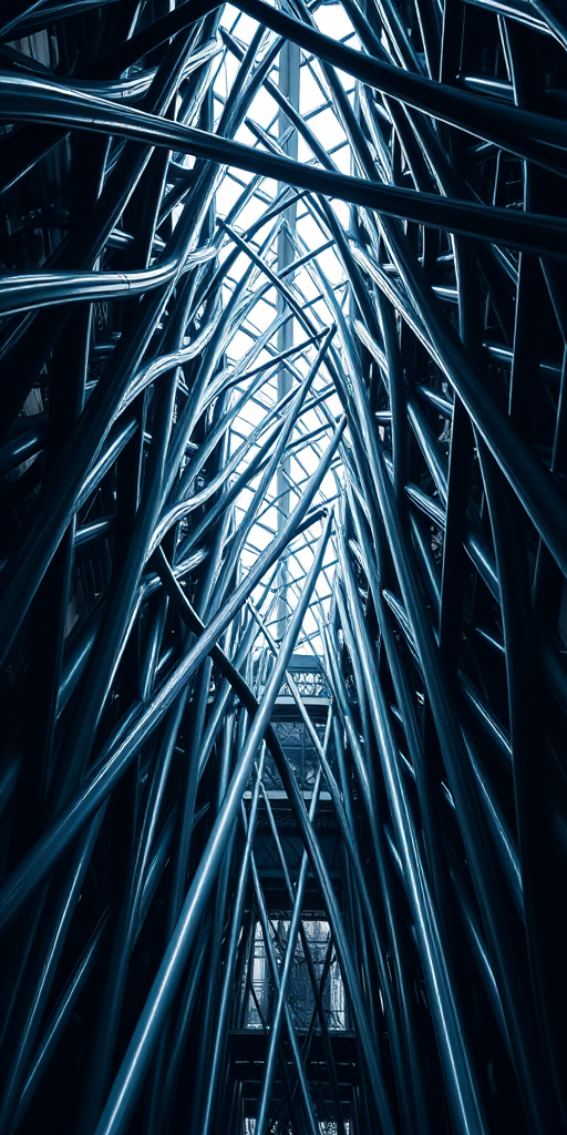 Create an abstract architectural photograph of interwoven metallic structures with high contrast lighting, shot with a Canon EOS R5 at f/8, ISO 100, shutter speed 1/200 sec, using a wide-angle lens from a low angle to emphasize depth and texture.