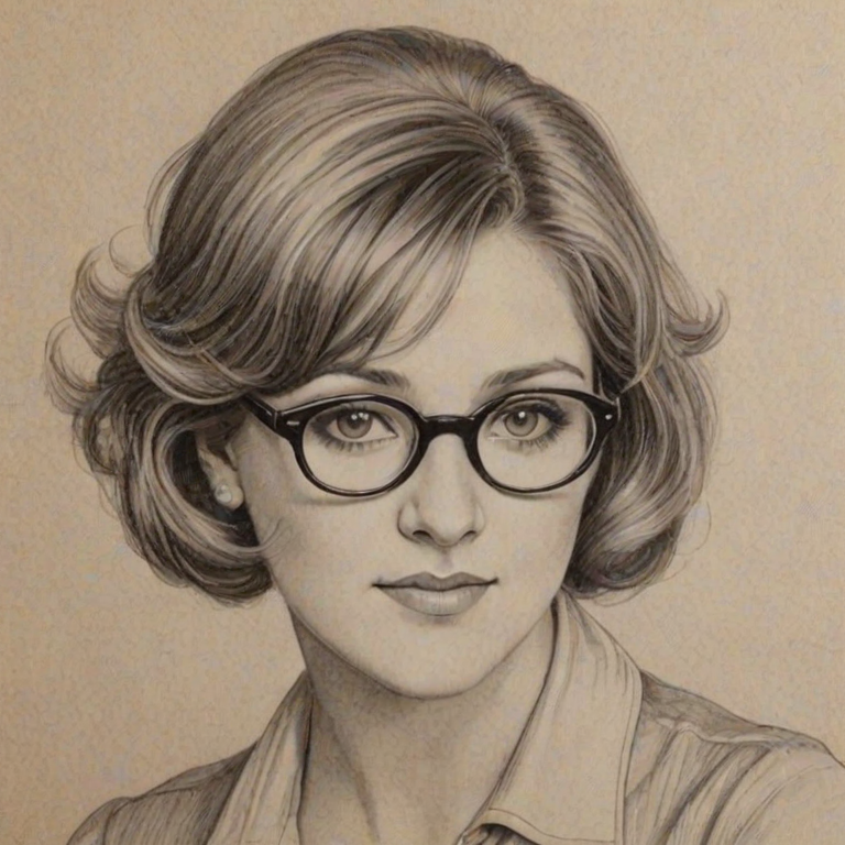 Delightful Brenda Vaccaro, pencil sketch, portrait of Enticing woman 1924s in glasses, hair style beatnik, outline, clear lines, fine lines, 8k