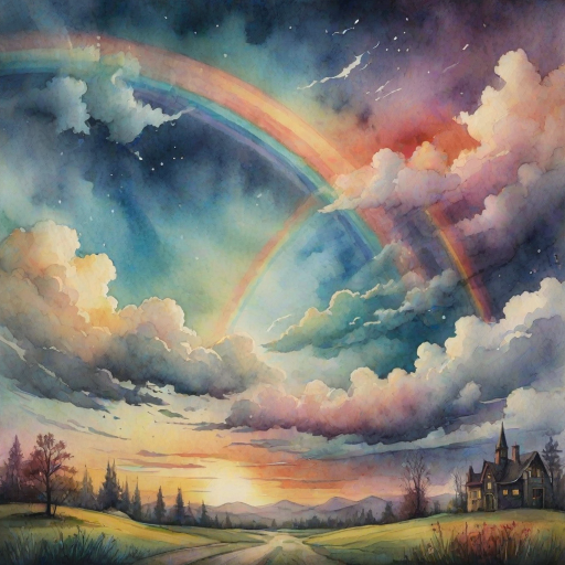 A whimsical and surreal sky with a vibrant rainbow, featuring dramatic lighting effects and a textured watercolor background, with a touch of gothic aesthetic.