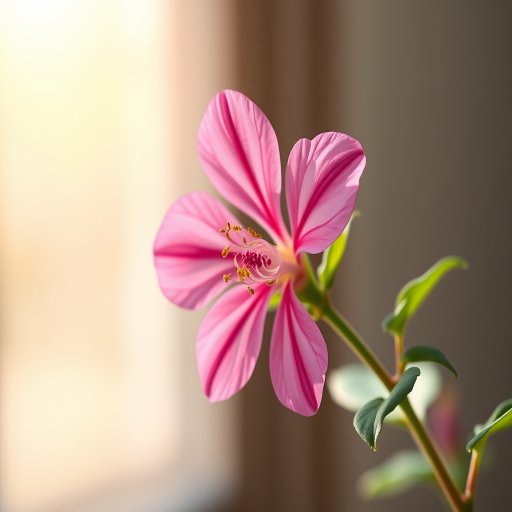 Create an artistic illustration of a single pink flower with green leaves, captured with a DSLR camera at f/2.8 aperture, ISO 100, 50mm lens, in a soft natural light setting with a shallow depth of field.