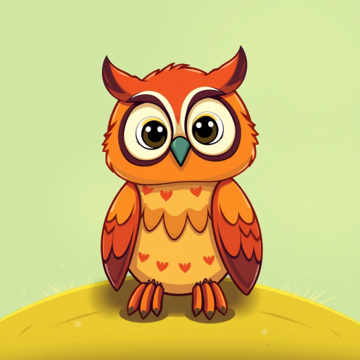 Create a colorful cartoon owl sitting on a hill with a light green background, shot with a DSLR camera at f/4, ISO 100, shutter speed 1/200, with a focus on the owl in a soft blur background, using a wide-angle lens to enhance perspective.
