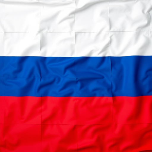 Create an image of the Russian flag with vibrant colors, high resolution, shot with a Canon EOS R5, 50mm lens, f/8 aperture, 1/125s shutter speed, and ISO 100, top-down view, natural lighting for enhanced clarity and detail.