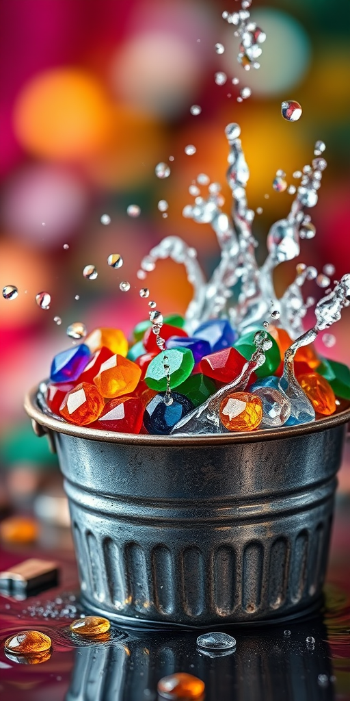 Create an image of a metal bucket filled with colorful gems splashing water, vibrant background with bokeh effect, ISO 100, f/2.8, 1/500s, 50mm lens, shot in high dynamic range to enhance detail and color saturation.