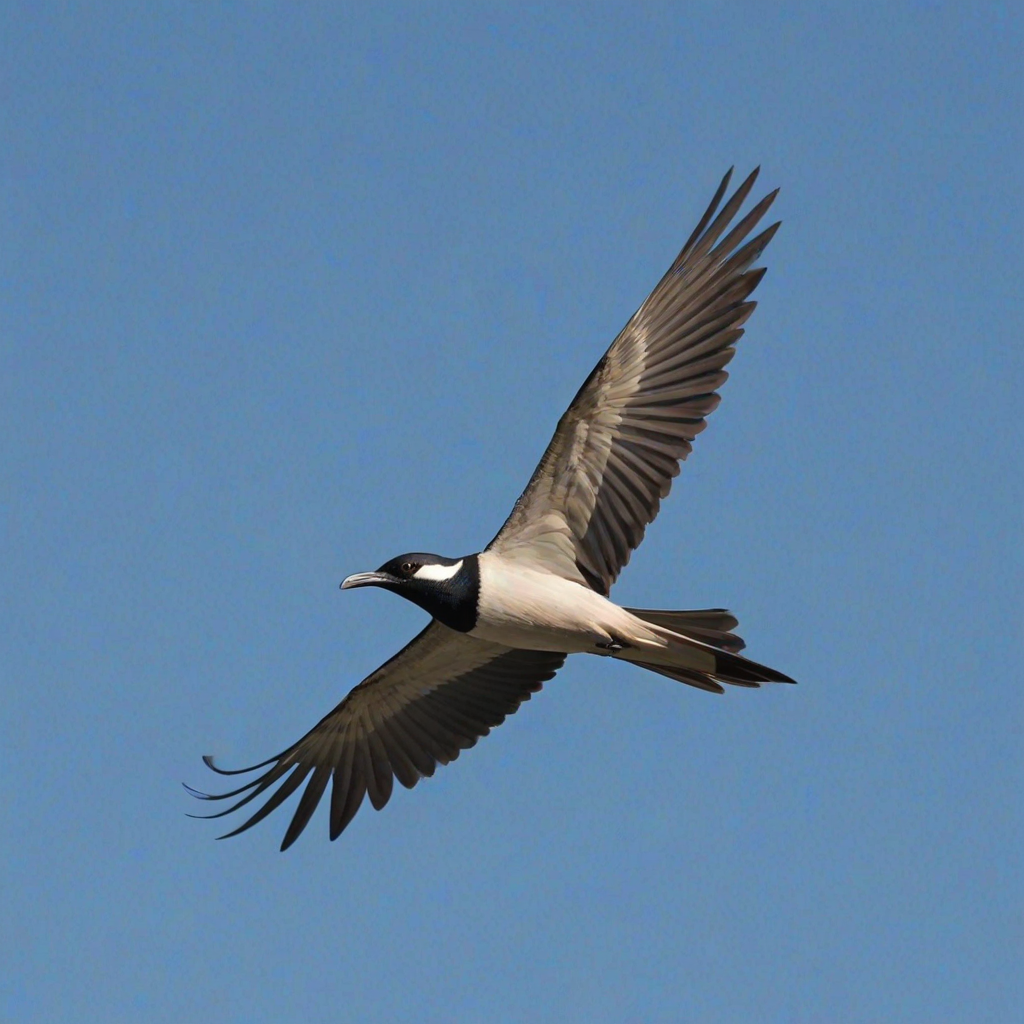 Create an image of a black-headed bird in flight against a clear blue sky, showcasing its long wings and slender body.