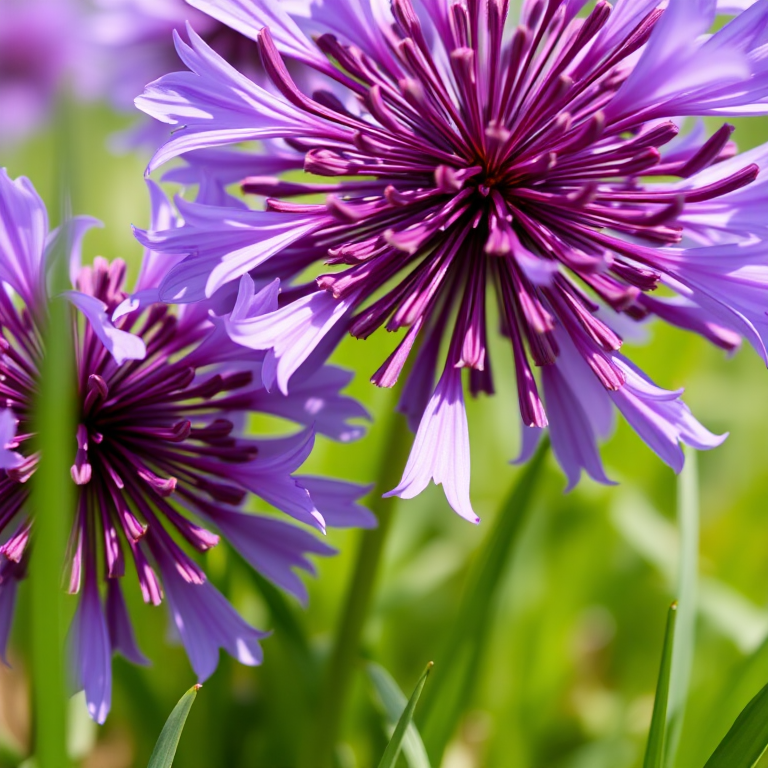 Close-up of Allium flowers with vibrant purple blooms, shallow depth of field, natural lighting, aperture f/2.8, shutter speed 1/250s, ISO 100, macro lens, DSLR camera, soft focus background, capture the intricate details of the petals and surrounding grass.