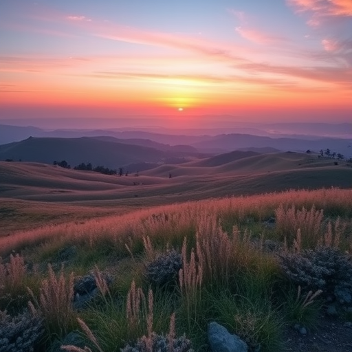 capture a serene landscape at sunrise with soft pastel colors, ISO 100, aperture f/8, shutter speed 1/125s, wide-angle lens, DSLR camera, vibrant details and smooth gradients in the sky