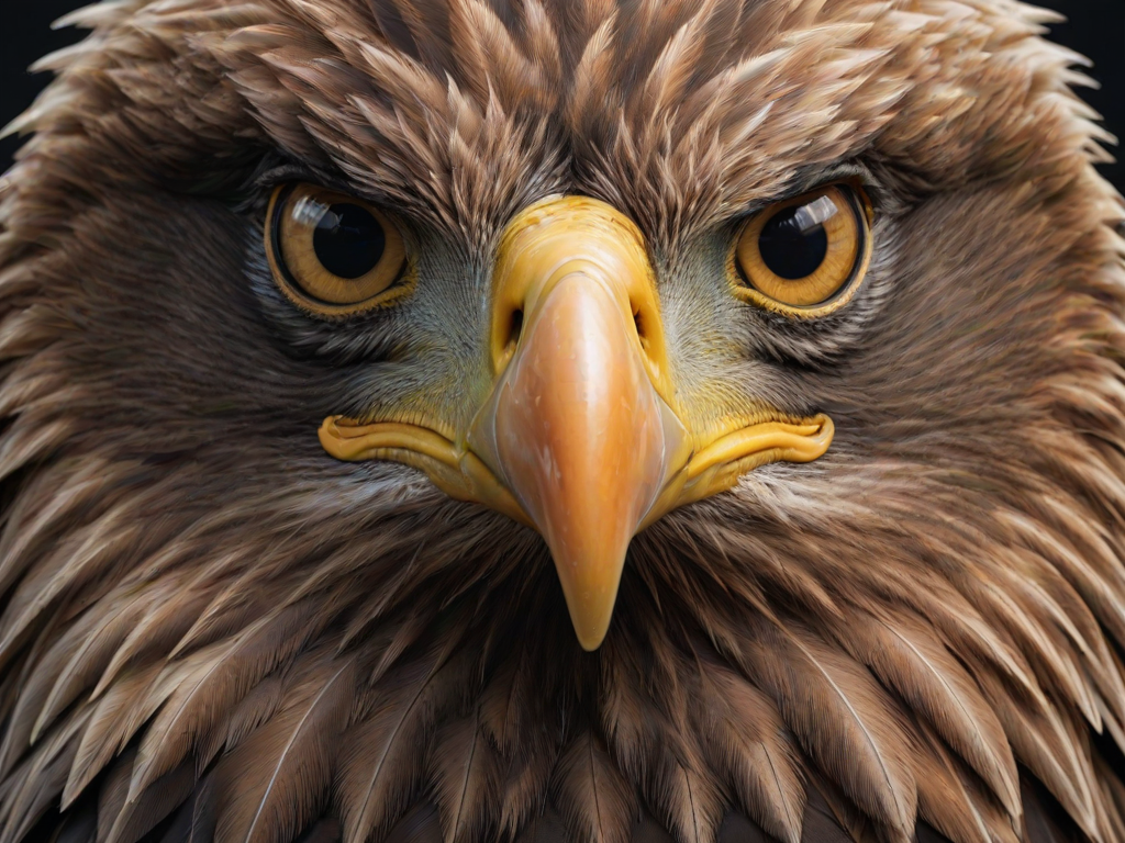 Create a highly detailed close-up image of a fierce eagle with sharp, intense eyes and dramatic lighting, emphasizing its strong beak and intricate feather textures.