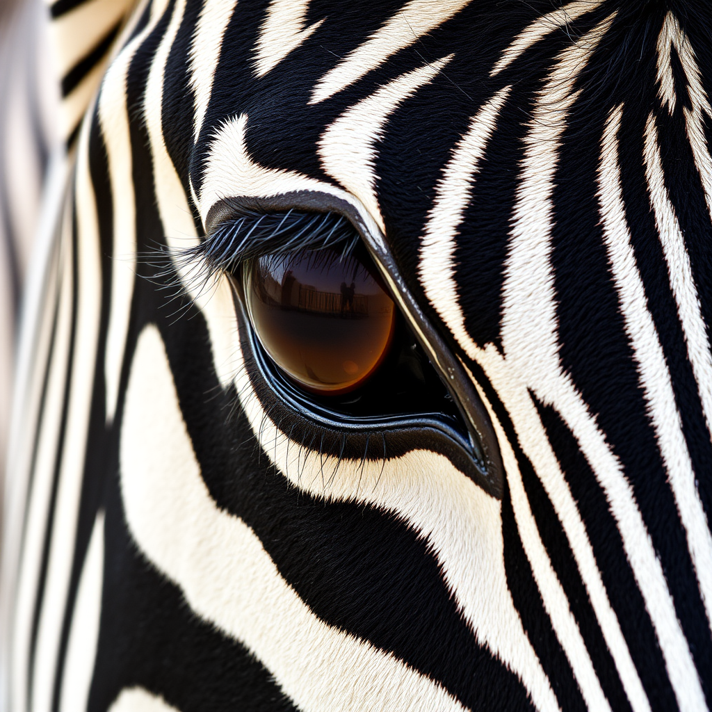 Close-up of a zebra’s face, focusing on its eye. The zebra’s distinctive black and white stripes are prominent, with its large brown eye showing detailed lashes and a slight reflection. The texture of the zebra’s skin and fur is visible, creating a sharp contrast between the dark and light stripes.