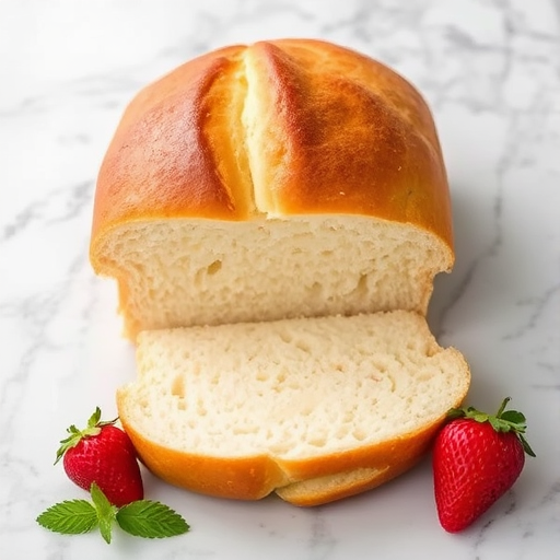 A freshly baked loaf of soft white bread sliced in half revealing a fluffy interior with a golden crust on top placed on a marble surface accompanied by fresh strawberries and mint leaves for garnish.