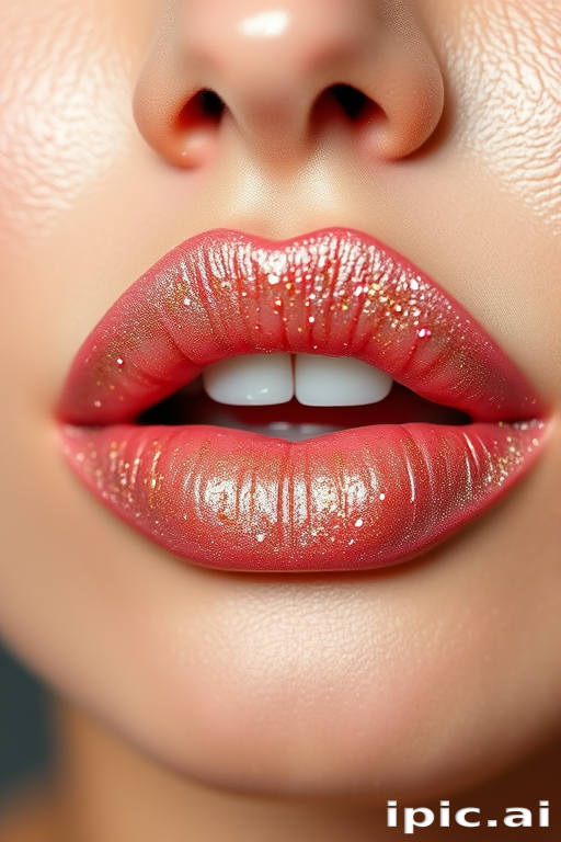 Shimmering Rose Gold Glaze lip style combines a soft pink base with golden sparkles, creating a glamorous and eye-catching effect suitable for red carpet events