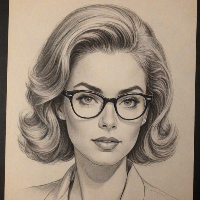 Stunning Christina Moore, pencil sketch, portrait of Comely woman 1953s in glasses, hair style beatnik, outline, clear lines, fine lines, 8k