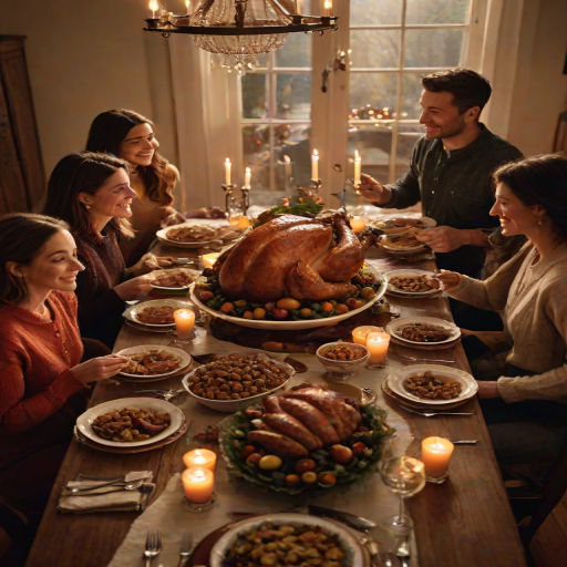 Warm, intimate image of a group of friends gathered around a dining table for a holiday feast, soft glow from candles casting warm shadows, with the smell of roasted turkey and cinnamon filling the air.