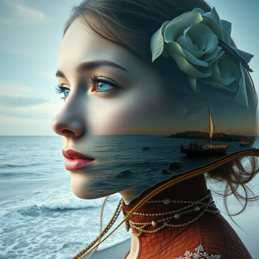 this photo is Book cover, A surreal double exposure portrait that blends a woman's face with a beautiful seascape. The overall mood is dreamy and mystical, with rich colors and intricate details